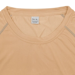 Detail of XL neckline on brown dry-fit shirt showing 95% polyester fabric texture