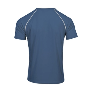 Rear view of navy blue moisture-wicking sports t-shirt with reflective grey raglan seams