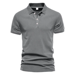 Detailed view of grey short sleeve polo shirt collar with three white buttons and texture