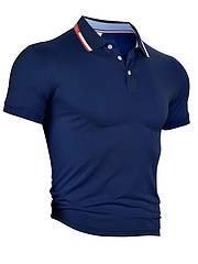 Detail of navy blue polo shirt featuring red and white striped collar and button placket