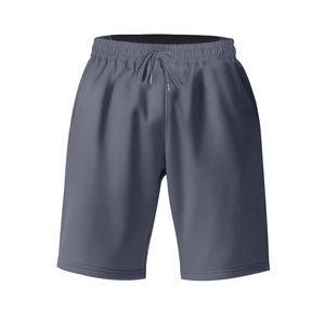 Detail view of dark grey athletic shorts with elastic drawstring waistband and side pockets