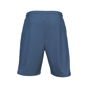 Detail view of breathable gray-blue sports shorts with elastic waist and loose fit