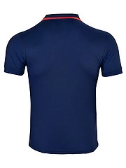 Detail of navy polo shirt with distinctive red and white stripes on the collar edge