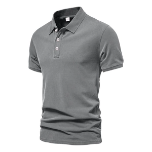 Detail of grey short sleeve polo shirt showing the ribbed collar and three-button placket