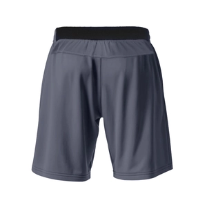 Detail view of men's charcoal grey athletic shorts with black elastic waistband and rear seam