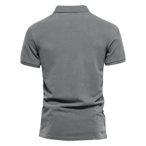 Back view of a grey short-sleeve polo shirt showing ribbed collar and cuff texture details