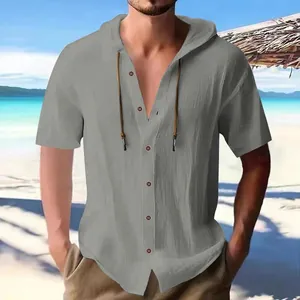 Heren vrijetijdsshirt met korte mouwen en capuchon van grijs linnenmix voor op strand