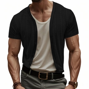 Men's black short sleeve V-neck cardigan shirt with textured linen-like fabric buttons