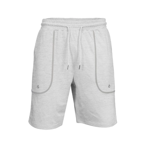 Detail view of light grey sports shorts with elastic drawstring waist and arc pocket seams