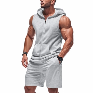 Men's light grey hooded zip-up muscle vest and matching shorts athletic two-piece set