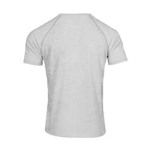 Rear view detail of breathable light grey heather sports t-shirt with raglan sleeves
