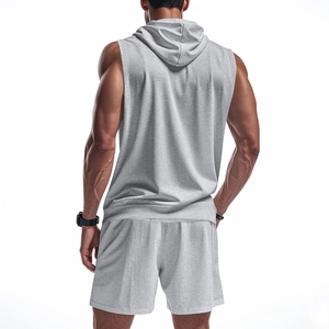 Rear view of men's grey sleeveless fitness hoodie and shorts set showing fabric and fit