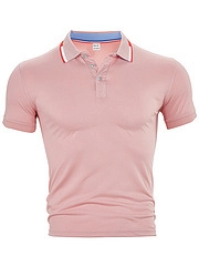 Detail of pink polo shirt featuring a striped collar, three-button placket and pique fabric