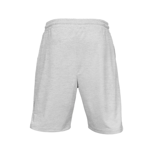 Detail showing elastic waistband and grey knit fabric texture of the men's sports shorts