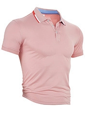 Detail of pink polo shirt showing ribbed collar with red-white stripes and blue inner piping