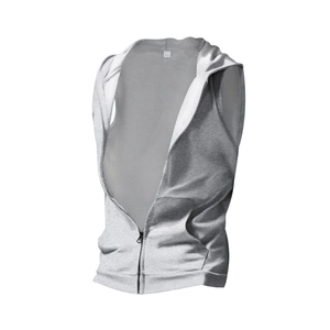 Detail view of a grey sleeveless hoodie with metal zipper and soft fleece fabric texture