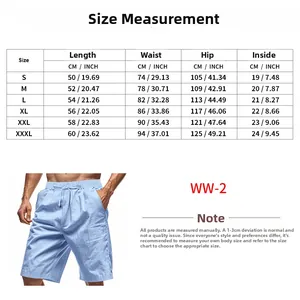 Detailed size guide for men's linen shorts showing waist and length in cm and inches
