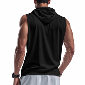 Close-up of black hooded workout vest showing breathable fabric and side stitching