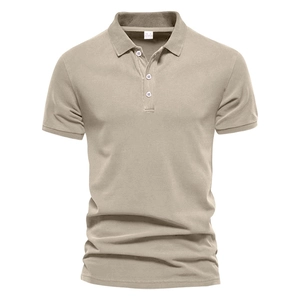 Detail shot of men's beige polo shirt showing three-button collar and knit fabric texture