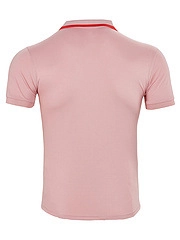Back view of a pink men's polo shirt featuring a distinctive red striped collar detail