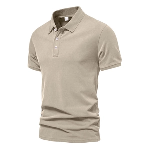 Close-up of three-button placket and classic collar on khaki men's short sleeve polo shirt
