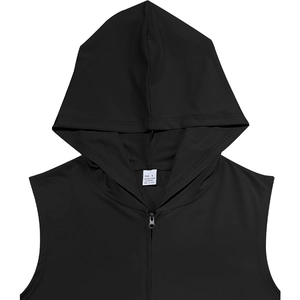 Close-up of the size label and fabric details for black hooded sleeveless zip-up vest