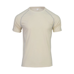 Detailed view of beige raglan sleeve tee with gray contrast stitching and crew neck design