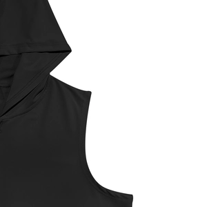 Detail of flatlock stitching on black hooded gym vest with quick-dry texture
