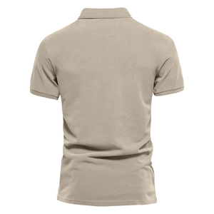 Back view of khaki men's short sleeve polo shirt showing premium fabric texture and fit