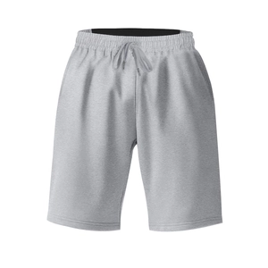 Detail of light gray men's sports shorts with adjustable drawstring elastic waistband
