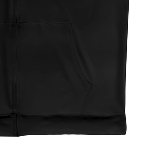 Detail of black hooded vest showing premium stitching, zipper track and side pocket seam