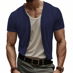 Men's navy blue short sleeve knit cardigan with buttons and textured linen-like fabric