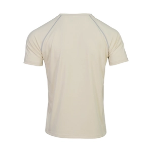 Detail of breathable men's cream workout t-shirt with raglan sleeves and gray stitching