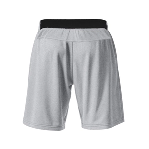 Detail view of the back of grey athletic shorts with black elastic waistband and flat hem