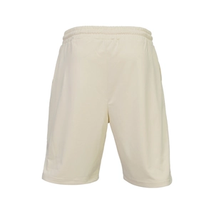 Detail of breathable cream athletic shorts with elastic waistband and quick-dry texture