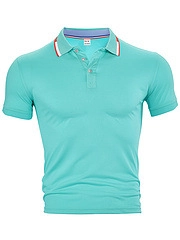 Close-up of polo shirt collar with white and orange stripes and three-button placket