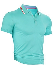 Detail view of the turquoise polo shirt featuring red and white striped collar accents