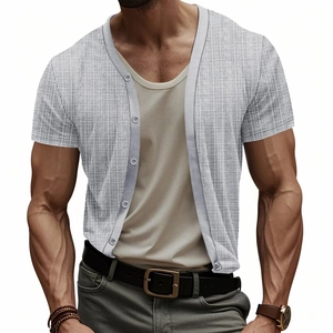 Men's light grey textured V-neck short sleeve buttoned cardigan with summer linen feel