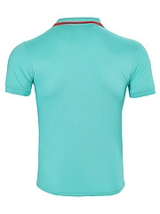 Detail of lake blue polo shirt back featuring red and white striped collar accent