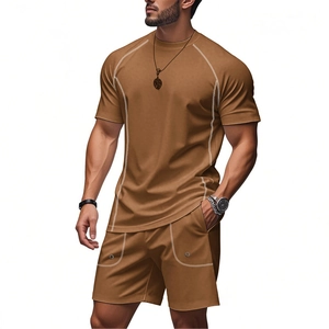 Men's caramel short sleeve sports set with contrast stitching and quick-dry fabric