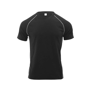 Detail view of black raglan sleeve sport t-shirt with grey contrast stitching details