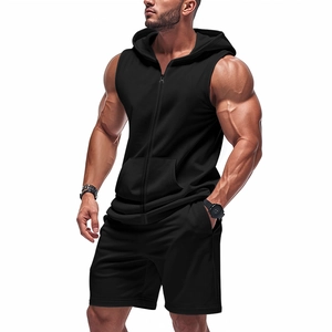 Men's summer black fitness set with sleeveless zip hoodie and athletic gym shorts