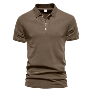 Detail view of brown piqué cotton polo shirt collar with three white buttons and size label