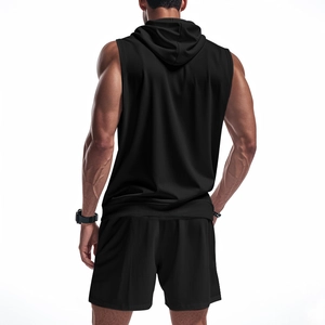 Rear view of men's black hooded fitness set with sleeveless vest and athletic shorts