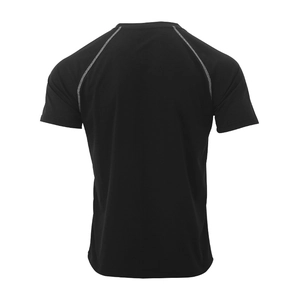 Rear view of black raglan sleeve t-shirt featuring athletic fit and contrast stitching detail