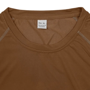 Detail view of T-shirt collar showing XL size tag and 95% polyester fabric composition
