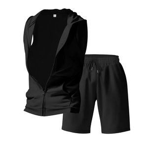 Ghost mannequin view of men's black sleeveless zip-up hoodie vest and matching shorts