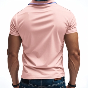 Detail of light pink slim fit polo shirt featuring a tricolor striped collar for men
