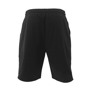 Detail view of black breathable athletic shorts with elastic waistband and premium stitching