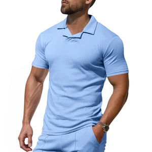 Men's casual light blue V-neck short sleeve polo shirt and matching shorts set